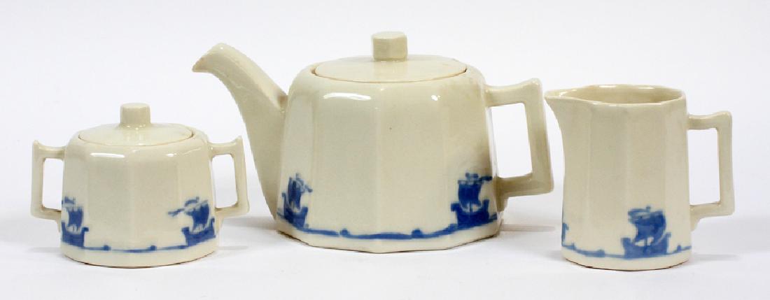 ROOKWOOD POTTERY 'SHIPWARE' TEA SET, CA. 1925: ROOKWOOD POTTERY 'SHIPWARE' TEA SET, CA. 1925, 3 PCS, H 5", W 8", D 4 1/2":A vintage three-piece Rookwood Pottery tea set, having the 'Shipware' pattern. This grouping includes a teapot, sugar pot (H 