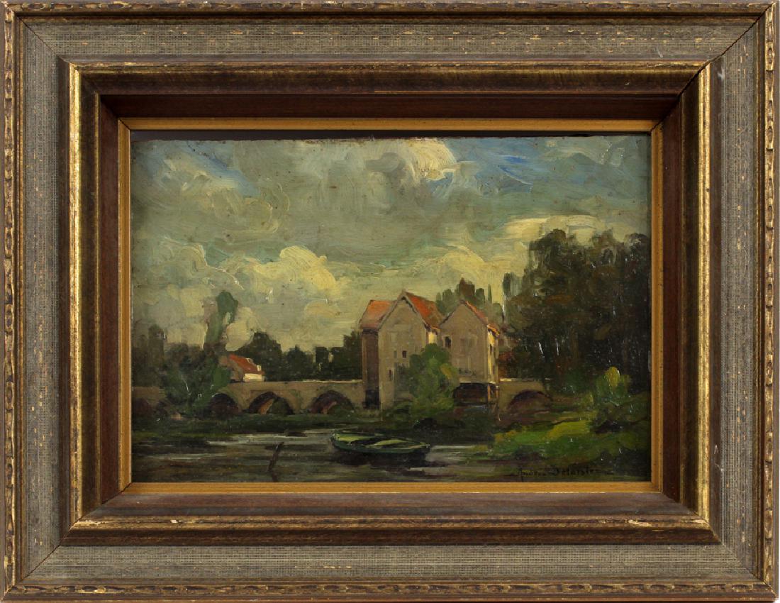 ANDRE DELAISTRE OIL ON MASONITE PANEL: ANDRE DELAISTRE, (FRANCE, B. 1865) OIL ON MASONITE PANEL, H 7.5" W 10.5" BRIDGE WITH CHATEAU :Signed lower right. Depicting a chateau and bridge with a stream and boats in the foreground. Shield work 