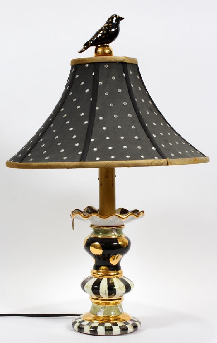 MACKENZIE CHILDS LAMP, H 26", DIA 16": MACKENZIE CHILDS LAMP, H 26", DIA 16" :An electric hand-painted Mackenzie Childs table lamp. This piece features a quirky design comprising of gilding, stripes, and polka dots.