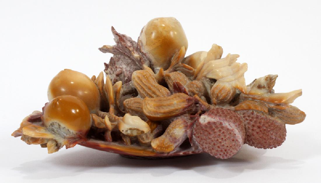 CHINESE SOAPSTONE CARVING FRUIT & NUT PLATTER: CHINESE SOAPSTONE CARVING, H 3", W 6 1/2", D 4", FRUIT & NUT PLATTER :An exquisitely detailed Chinese soapstone carving. This piece depicts a delicious platter of peanuts, lychee, and figs. Playfully 