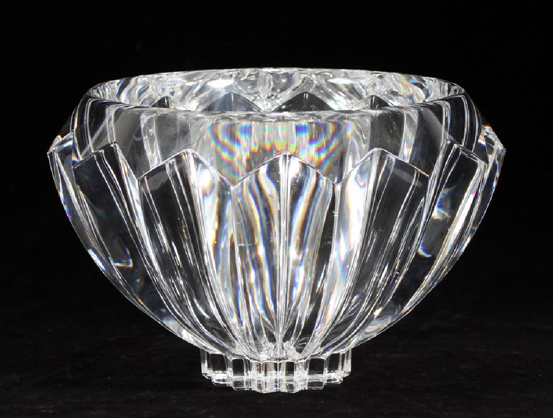 ORREFORS SIGNED CRYSTAL HAND CUT BOWL: ORREFORS SIGNED CRYSTAL HAND CUT BOWL H 6" DIA 10.5" :Short pedestal base. Swedish.