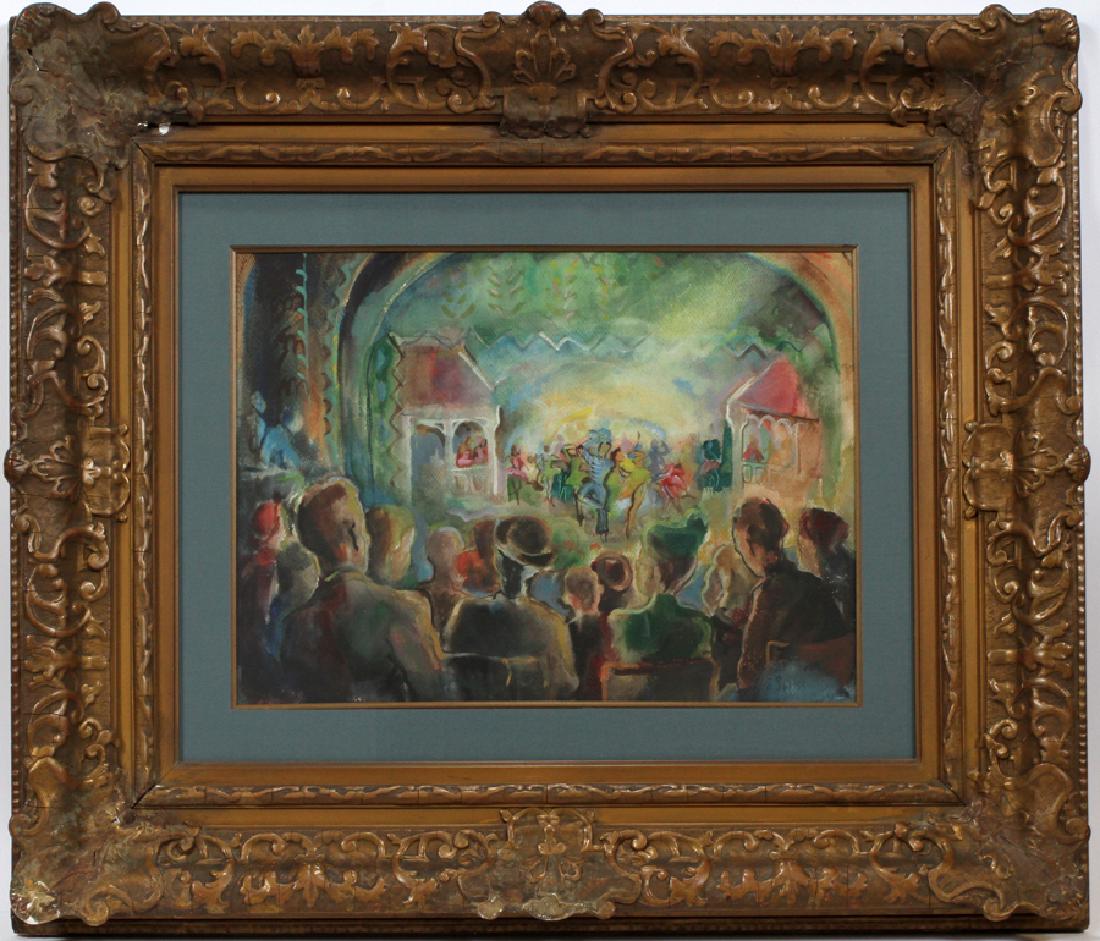 SALLY SWISS WATERCOLOR H 15" W 21" "CAROUSEL": SALLY SWISS, 1917 - 09, WATERCOLOR H 15" W 21" "CAROUSEL" :Signed. Depicts audience watching production of Carousel. Frame 30" x 37". Lansing and Dayton, Ohio native.