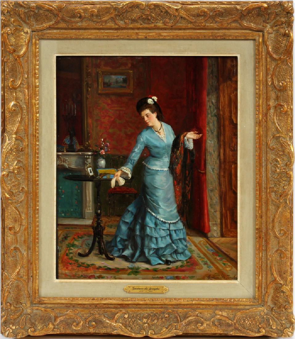 GUSTAVE LEONHARD DE JONGHE OIL ON WOODPANEL: GUSTAVE LEONHARD DE JONGHE (BELGIAN 1829â€“1893) OIL ON WOODPANEL H 16" W 12" ELEGANT LADY IN BLUE :Signed. 23" x 20" frame.