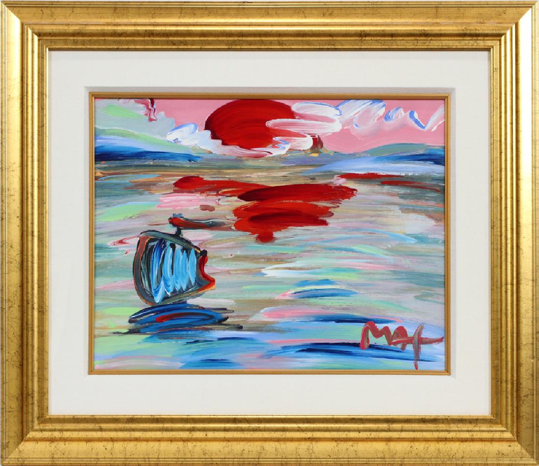 PETER MAX MIXED MEDIA ON PAPER: PETER MAX (GERMAN, B. 1937), MIXED MEDIA ON PAPER, H 18", L 24", "AMERICAN 500: SUNSET" :A hand-embellished mixed media work titled "American 500: Sunset" by well-listed German-American artist Peter M