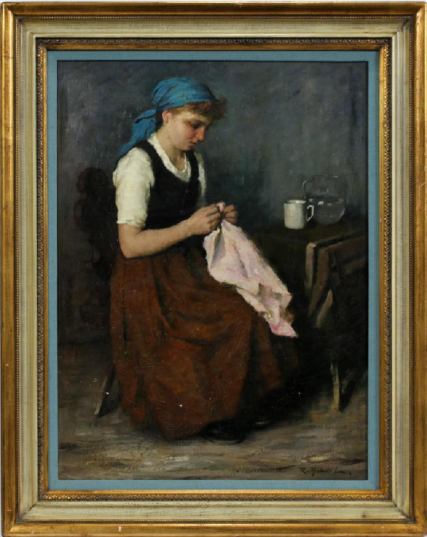 LAJOS REZES MOLNAR OIL ON BOARD GIRL SEWING: LAJOS REZES MOLNAR, 1896 - 89, OIL ON BOARD H 30" W 23" GIRL SEWING :Signed. Lajos Rezes Molnar was a well-known Hungarian genre and portrait painter. He studied under Karl von Marr at the Munich Acad