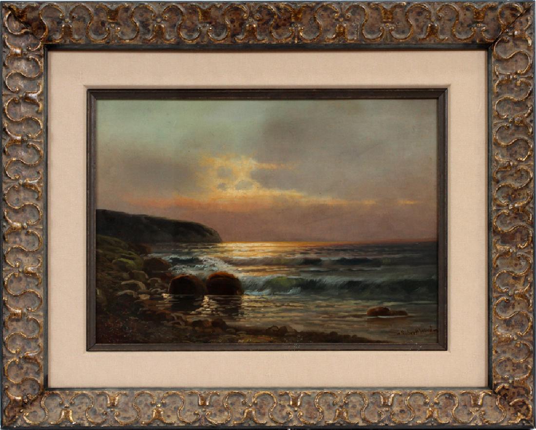 SIGNED ROBERT WOOD SHORELINE LANDSCAPE AT SUNSET: SIGNED ROBERT WOOD (AMERICAN/BRITISH, 1889â€“1979), H 11" W 16" SHORELINE LANDSCAPE AT SUNSET :Signed lower right. Frame 19" x 23".