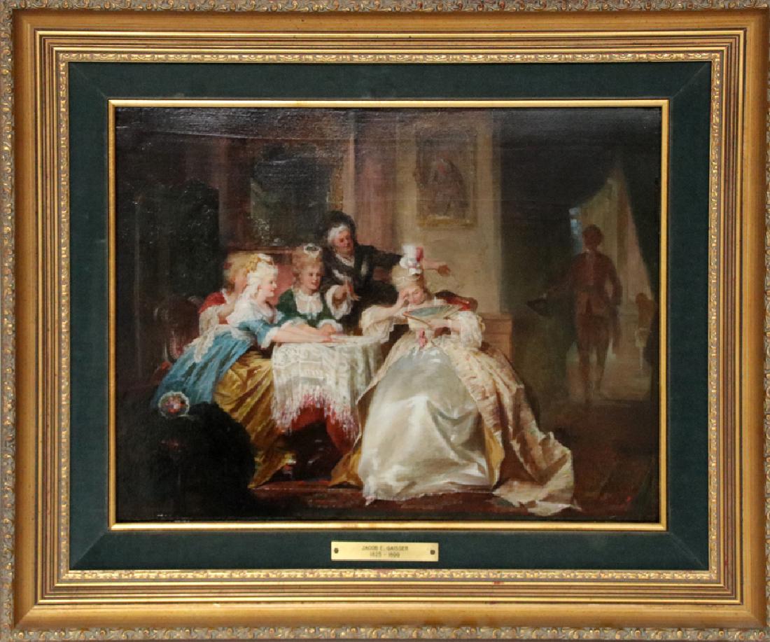 JACOB EMANUEL GAISSER OIL ON BOARD: JACOB EMANUEL GAISSER (GERMAN 1825-1899), OIL ON BOARD, H 12", L 15", "FORTUNE TELLING" :An oil on mahogany board titled "Fortune Telling" by listed German artist Jacob Emanuel Gaisser. This piece dep