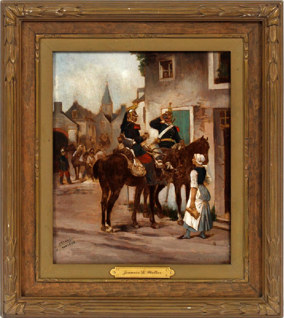 JOANNES D. WALKER OIL ON BEVELED WOOD PANEL: JOANNES D. WALKER, OIL ON BEVELED WOOD PANEL, H 10", W 8 1/2", "LE COUPE DE L'ETRIER" :Scene of soldiers resting at a roadside inn; signed lower left; titled on verso label; gilt frame.