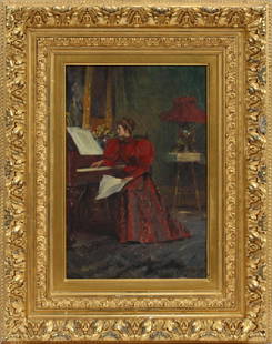 CHARLES YARDLEY TURNER OIL ON CANVAS: CHARLES YARDLEY TURNER [AMERICAN 1850-1918], OIL ON CANVAS, H 14 1/2", W 10", WOMAN PLAYING PIANO :Depicting a woman in a late nineteenth century red dress seated at a piano. Signed. Frame 23" x 18".