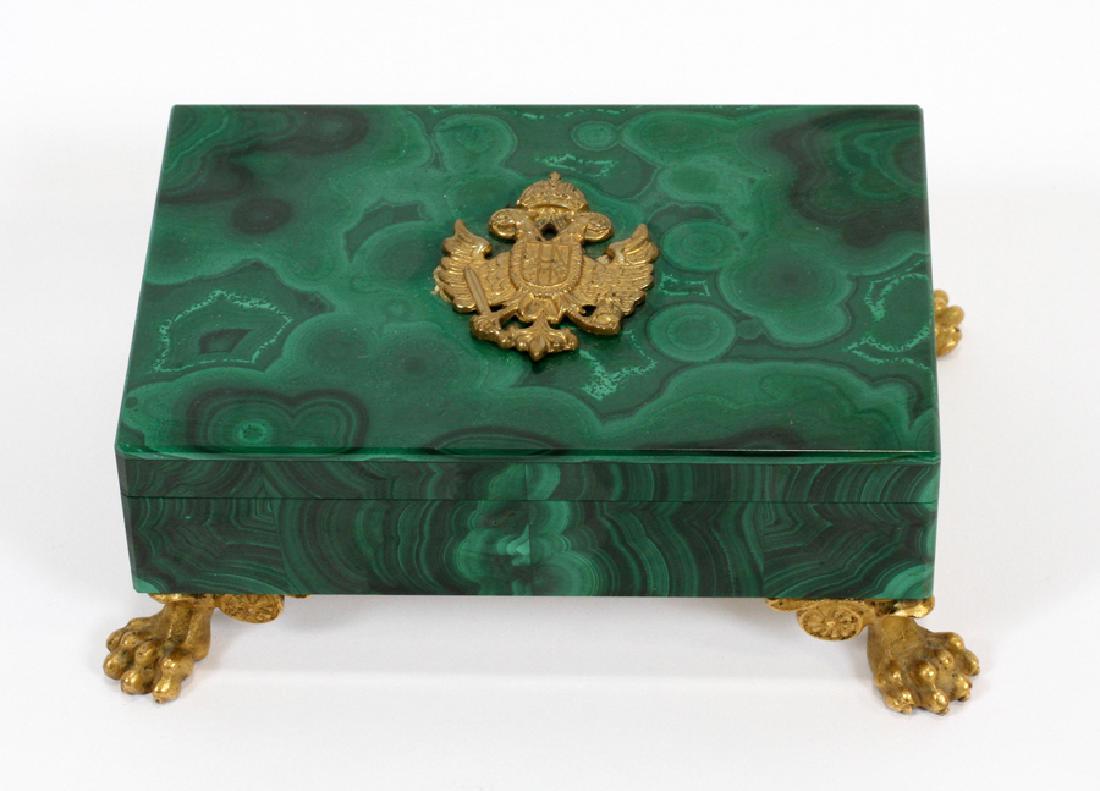 ITALIAN SILVER & MALACHITE COVERED BOX: ITALIAN SILVER & MALACHITE COVERED BOX, H 2", L 5 1/2" D 3 3/4" :Produced by UnoAErre, an Italian jewelry and goldsmithing firm. Having paw feet. Double eagle crest. Marked on the hinge: "800-1AR-UNO