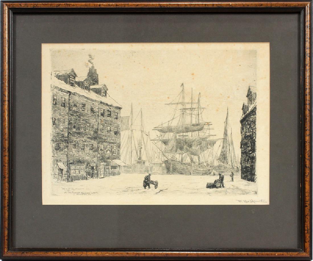 FREDERICK LEO HUNTER, H 9 3/4", W 12 3/4": FREDERICK LEO HUNTER, H 9 3/4", W 12 3/4" :At the foot of Maiden Lane, New York, NY. Framed H 15 1/2", W 18"