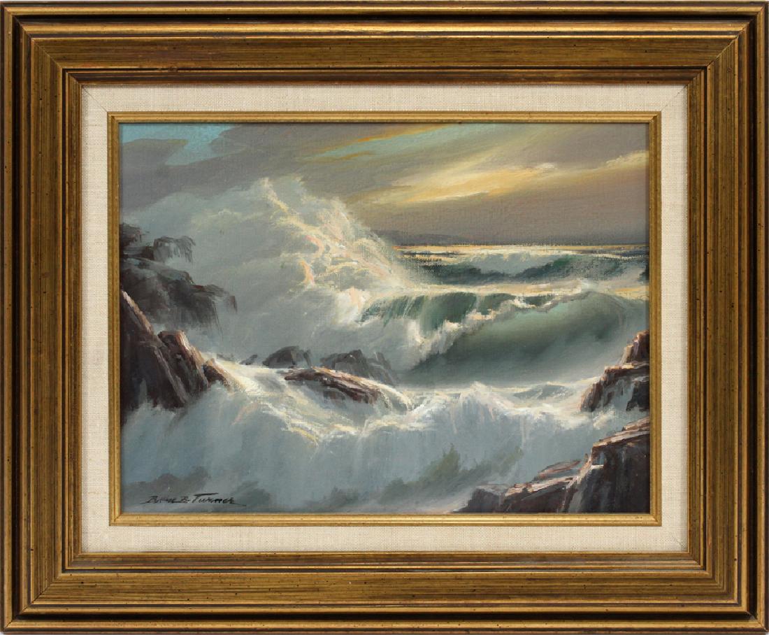 BRUCE TURNER OIL ON CANVAS COASTAL SEASCAPE: BRUCE TURNER [AMERICAN, B. 1941] OIL ON CANVAS, H 9", W 12", COASTAL SEASCAPE :A rocky shoreline landscape with troubled seas. Signed lower left. Framed and matted.