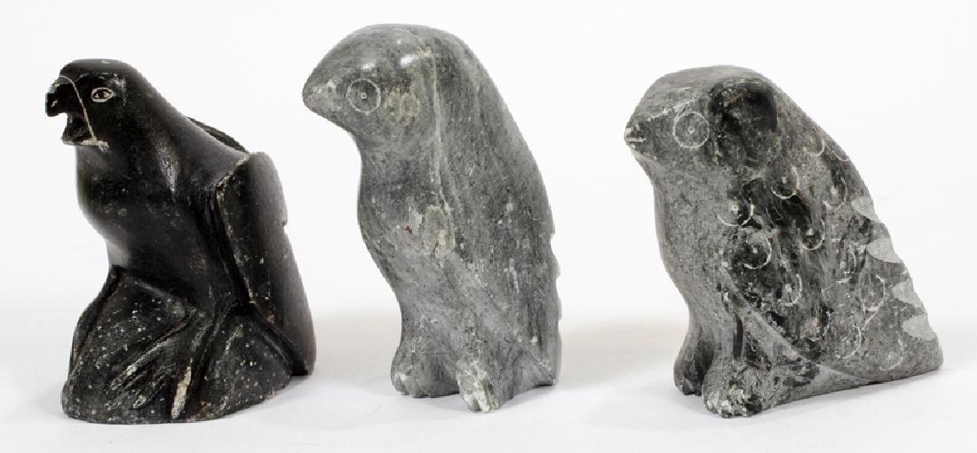 INUIT SOAPSTONE ARCTIC BIRD CARVINGS: INUIT SOAPSTONE ARCTIC BIRD CARVINGS, 3 PCS, H 4 1/4", W 1 1/2", D 1 3/4":A grouping of Inuit soapstone carvings. This lot comprises of stylized sculptures of arctic birds. Each piece having a date, n
