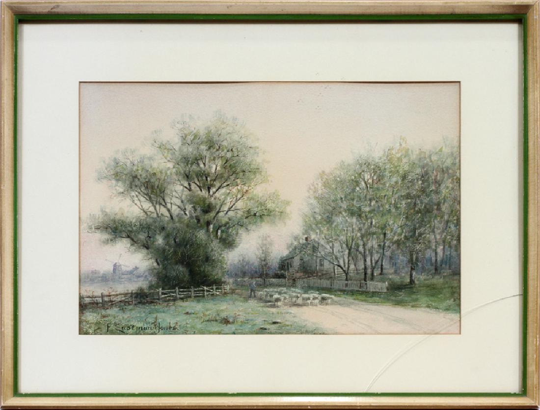 F. EASTMAN JONES, AMER. 19TH. 20TH. C. WATERCOLOR: F. EASTMAN JONES, AMER. 19TH. 20TH. C. WATERCOLOR, H 11" W 17" BUCOLIC LANDSCAPE :Signed. Frank Eastman Jones. Frame 18" x 24".