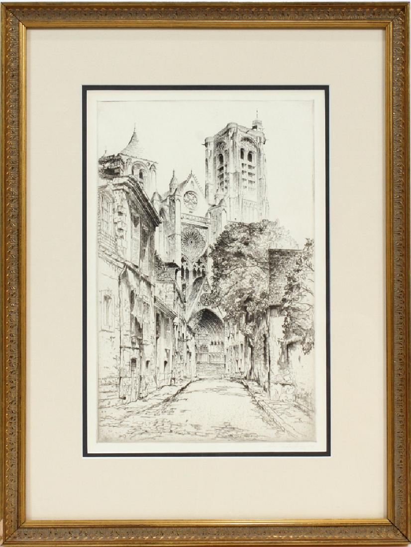JOHN TAYLOR ARMS ETCHING: JOHN TAYLOR ARMS (AMERICAN, 1887-1953), ETCHING, PLATE SIZE: H 14", W 9", â€˜"BOURGES" :First State; from "The French Church Series"; No. 6, F.166, I/V, edition of 150; framed, 22 1/4" x 17"; Arno