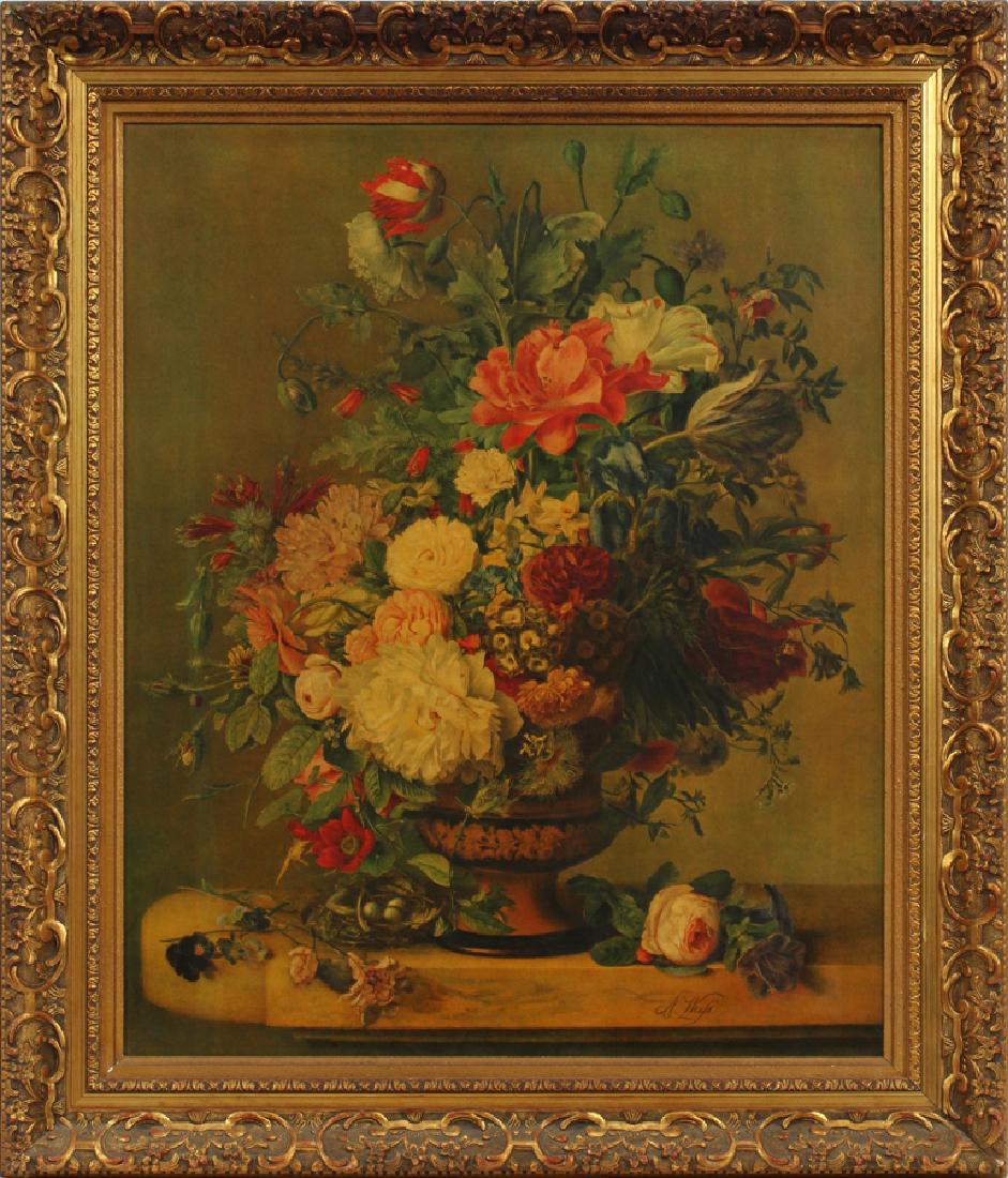 AFTER ANTON WEISS, PRINT ON CANVAS: AFTER ANTON WEISS, PRINT ON CANVAS, H 38", W 30", STILL LIFE WITH GARDEN FLOWERS :Frame size 34 1/2" x 29". Weiss was active in Austria 1801 - 1851.