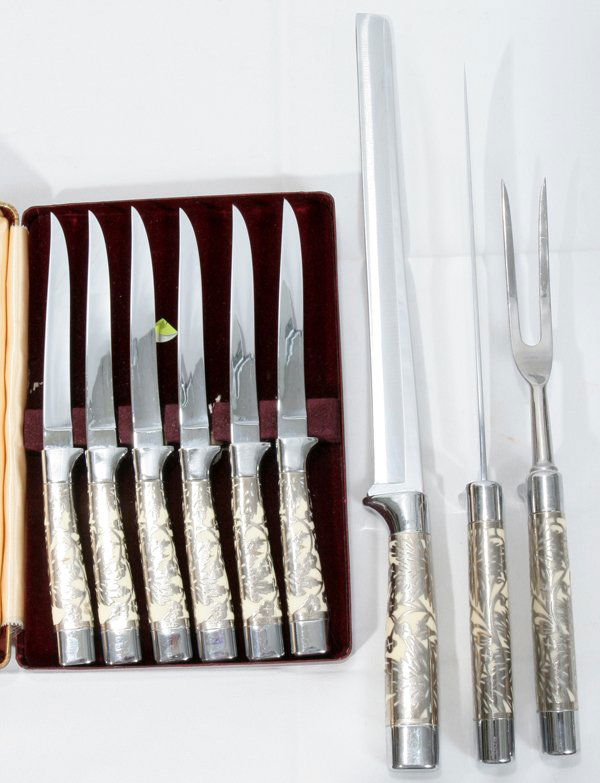 CARVEL HALL STEAK KNIVES & CARVING SET: CARVEL HALL STEAK KNIVES & THREE-PIECE CARVING SET, NINE PIECES TOTAL:Three piece carving set: carving roast knife, fork and sharpener plus set of six steak knives. In two plastic boxes