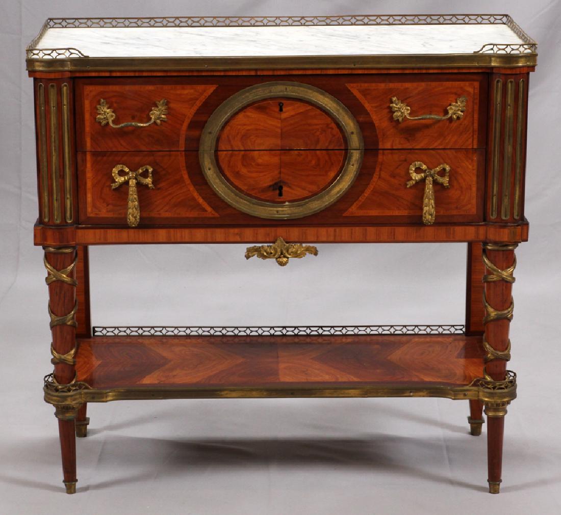 FRENCH, LOUIS XVI STYLE SERVER, 19TH C.: FRENCH, LOUIS XVI STYLE SERVER, 19TH C., H 34", L 35", D 15" :Has a white marble top with a pierced brass, 3/4 gallery. Front corner fluted columns flanking two full-width drawers with bronze ormolu d