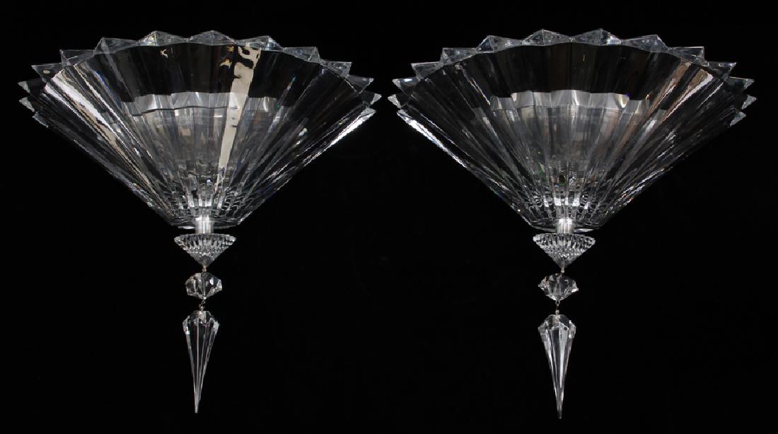 BACCARAT MILLE NUITS MATHIAS DESIGN CRYSTAL SCONCE: BACCARAT, MILLE NUITS MATHIAS DESIGN, CRYSTAL WALL SCONCE, PAIR, H 7", W 14", D 9 1/2":Modern, French Clear Crystal Baccarat, Mille Nuits Mathias Design Wall Sconces. Composed of bevel-cut crystal sha