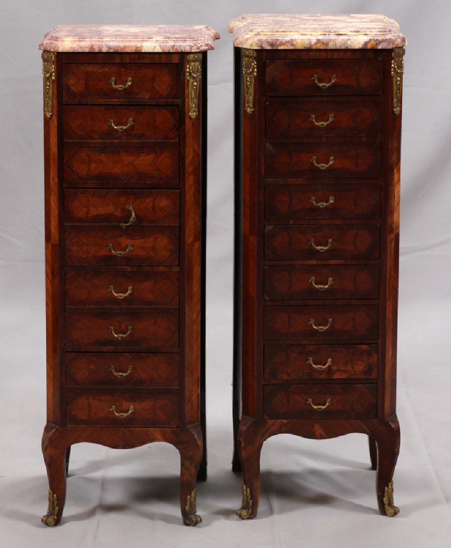 LOUIS XV STYLE, MARBLE TOP CHESTS, PAIR: LOUIS XV STYLE, MARBLE TOP CHESTS, PAIR, H 37 1/2", L 13 1/4", D 11 3/4" :Each having beveled edged marble tops. One having nine narrow drawers and the other five with four double facades and one sing