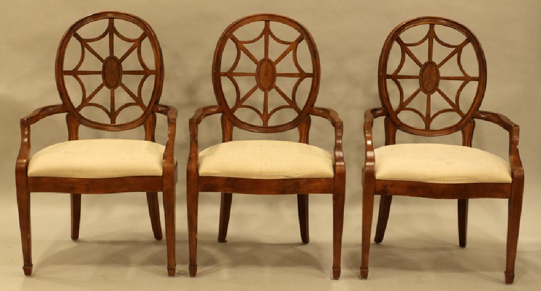 SET SHERATON STYLE OVAL BACK OPEN ARM CHAIRS: SET SHERATON STYLE OVAL BACK OPEN ARM CHAIRS, 3 H 39" L 23.5" :Set of three Sheraton influence pierced oval back open arm chairs. Having white upholstery. Measuring approximately 39" tall with a lengt