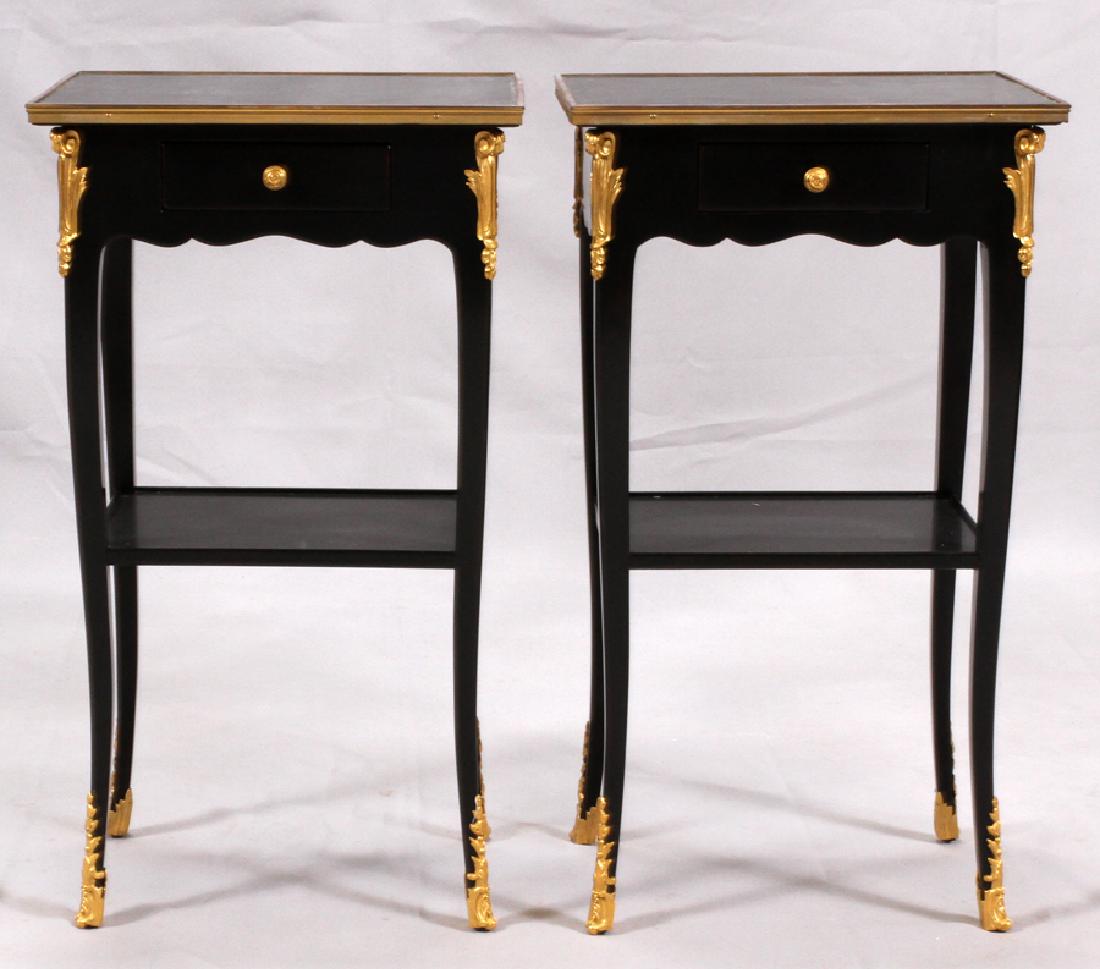 MODERN, BLACK LACQUER & GILT BRONZE END TABLES: MODERN, BLACK LACQUER & GILT BRONZE END TABLES, PAIR, H 26", L 14 3/4", D 11" :Each having a single drawer with bronze knob. Lower shelf, leaf accented ormolu.