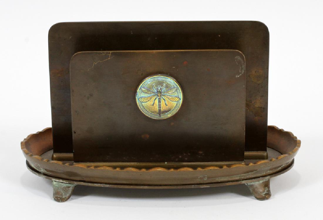 TIFFANY STUDIOS OVAL BRONZE LETTER HOLDER: TIFFANY STUDIOS OVAL BRONZE LETTER HOLDER, H 4 1/4", L 7" :A footed letter holder enhanced with glass dragon fly medallions. Marked on underside, "Tiffany Studios New York A coL".