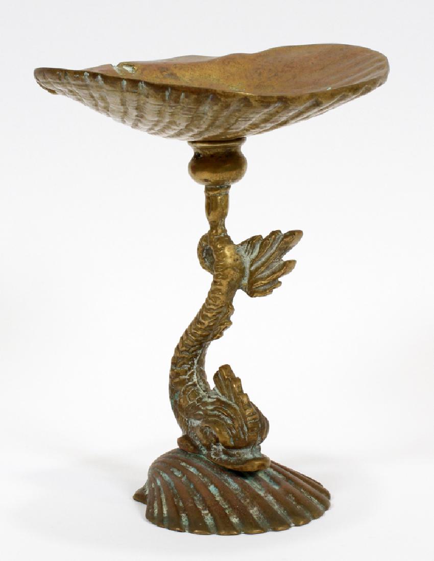FRENCH, BRONZE DOLPHIN & SHELL FORM COMPOTE: FRENCH, BRONZE DOLPHIN & SHELL FORM COMPOTE, H 8", L 6 1/2" :Shell form bowl supported by a dolphin and shell base. Unmarked.