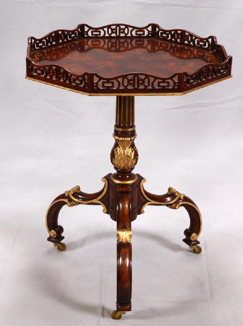 OCTAGONAL MAHOGANY TEA TABLE, PIERCED GALLERY: OCTAGONAL MAHOGANY TEA TABLE, PIERCED GALLERY, H 31" DIA 23.5" :Mahogany tea table. Having a pierced gallery around the octagonal top and a central column diverging into a tri-pod base. Gilt accents.