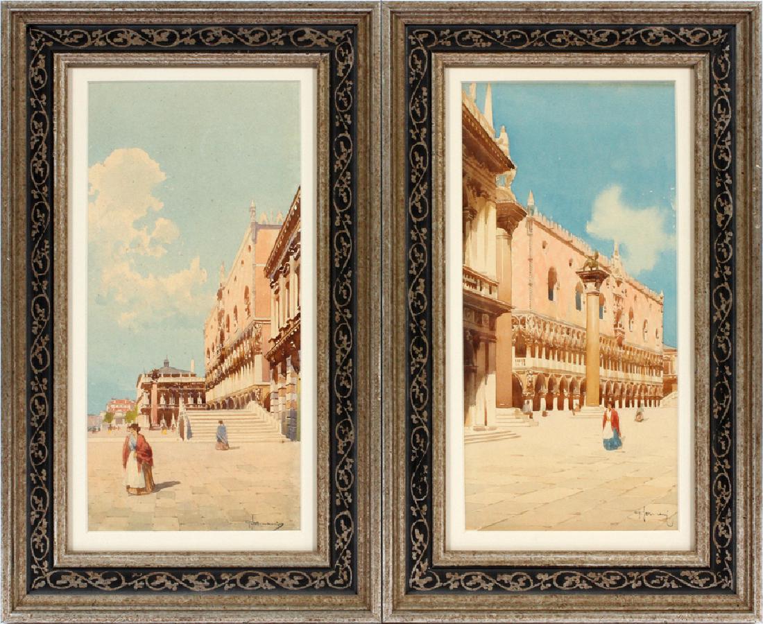GIAN LUCIANO SORMANI WATERCOLORS ON PAPER, PAIR: GIAN LUCIANO SORMANI (ITALIAN, 1867-1938), WATERCOLORS ON PAPER, PAIR, H 11 1/2", W 5 1/2", VENETIAN STREET SCENES :Framed size H 16", W 10"; each signed lower right.