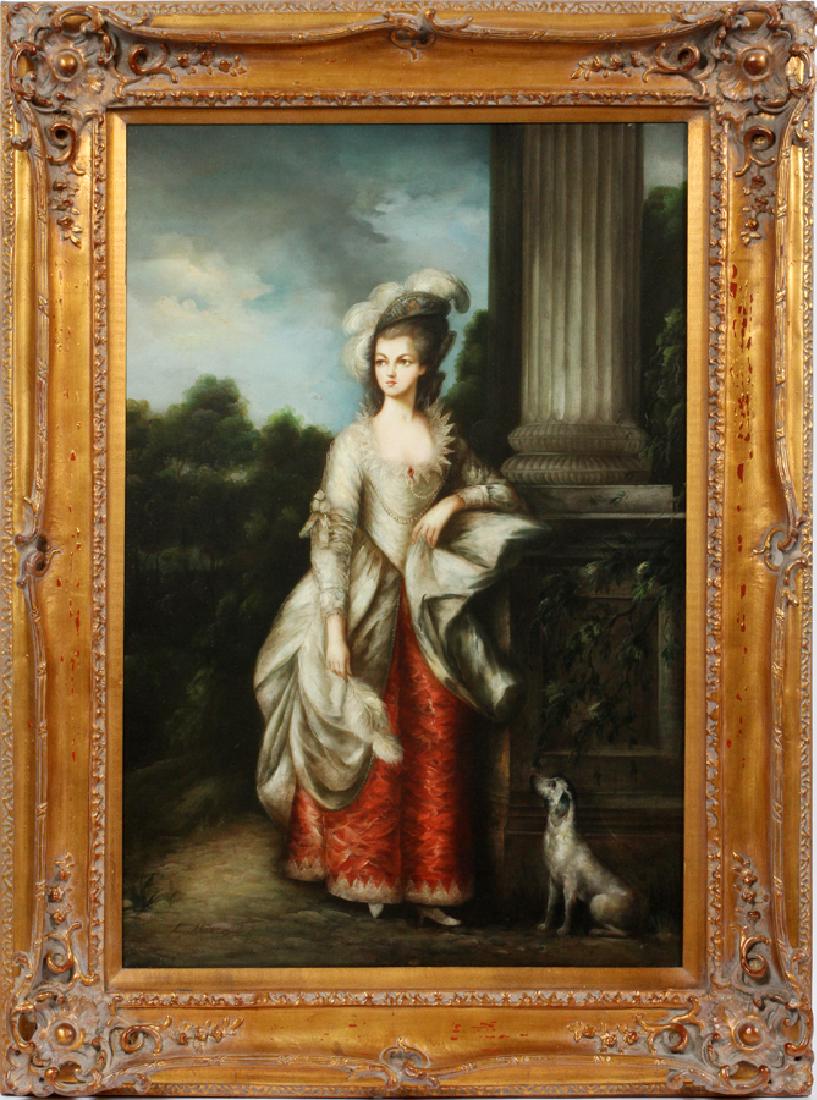 L. MASON PAINTING COPY OF MRS. GRAHAM: L. MASON, PAINTING, H 36'', W 24'', COPY OF THE HONOURABLE MRS. GRAHAM BY THOMAS GAINSBOROUGH :Twentieth century reproduction of Thomas Gainsborough's famous eighteenth-century portrait of The Honoura