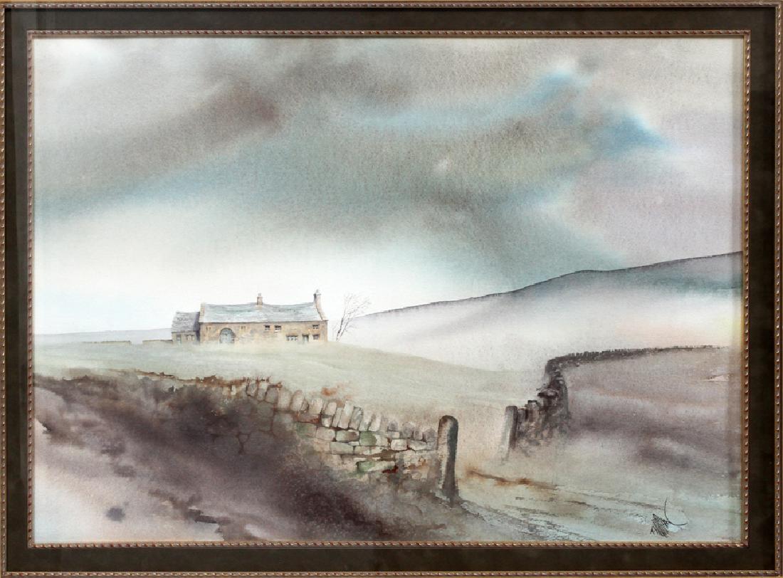 TONY HOLAHAN WATERCOLOR EUROPEAN LANDSCAPE: TONY HOLAHAN (BRIT. LATE 20TH C), WATERCOLOR, H 18", W 25", EUROPEAN LANDSCAPE WITH STONE WALL :DEPICTS AN EUROPEAN LANDSCAPE WITH A FARMHOUSE IN THE BACKGROUND AND A STONE WALL IN THE FOREGROUND. STY