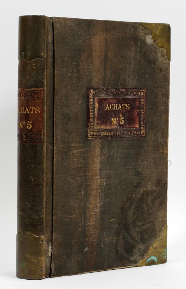 FRENCH ACCOUNT BOOK, CA. 1899: FRENCH ACCOUNT BOOK, CA. 1899, H 14.5", W 2", D 10", "ACHATS NO. 5" :An antique French ledger titled "Achats No. 5." This interesting book contains purchasing records of wine dating as far back as 189