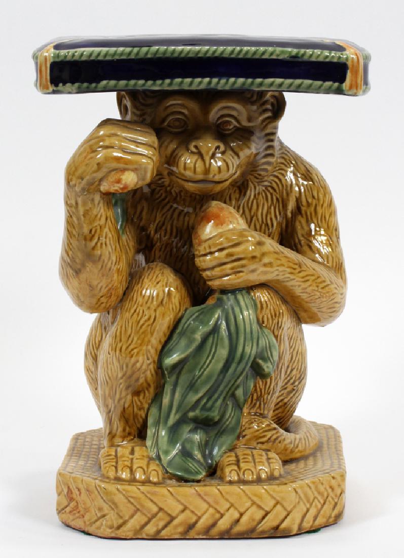 CHINESE, MAJOLICA POTTERY MONKEY PEDESTAL: CHINESE, MAJOLICA POTTERY MONKEY PEDESTAL, H 11 1/4" L 8", D 7" :Marking on underside.