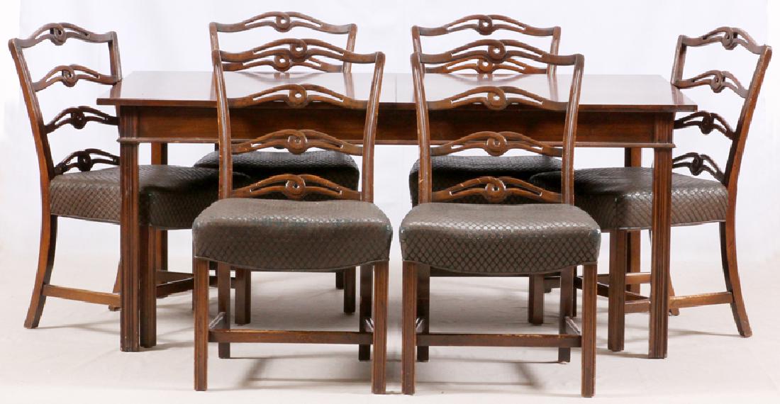KITTINGER MAHOGANY DINING SUITE, 7 PCS: KITTINGER MAHOGANY DINING SUITE, 7 PCS, H 29", W 68", D 42":The Kittinger dining suite includes a table with fluted legs H 29.5", W 42", L 68" and six pierced ladder back chairs H 36.5", W 21", D 19".