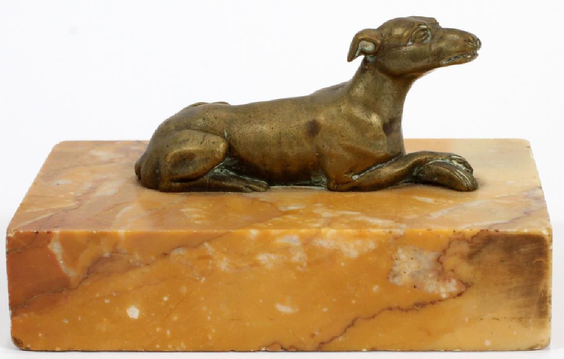 BRONZE RECLINING DOG, L 3": BRONZE RECLINING DOG, L 3" :On marble base.