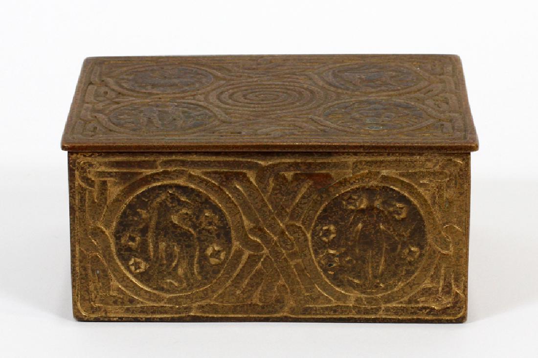 TIFFANY STUDIOS, BRONZE "ZODIAC" STAMP BOX: TIFFANY STUDIOS, BRONZE "ZODIAC" STAMP BOX, H 2", W 4 1/4", D 3 1/4" :Hinged cover, divided interior
