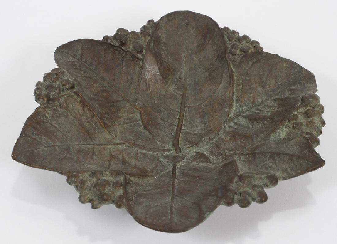 TIFFANY LEAF FORM CAST BRONZE CALLING CARD TRAY: TIFFANY LEAF FORM CAST BRONZE CALLING CARD TRAY, H 1 1/4", DIA 7" :Incise marking on underside Tiffany Studios New York 152.