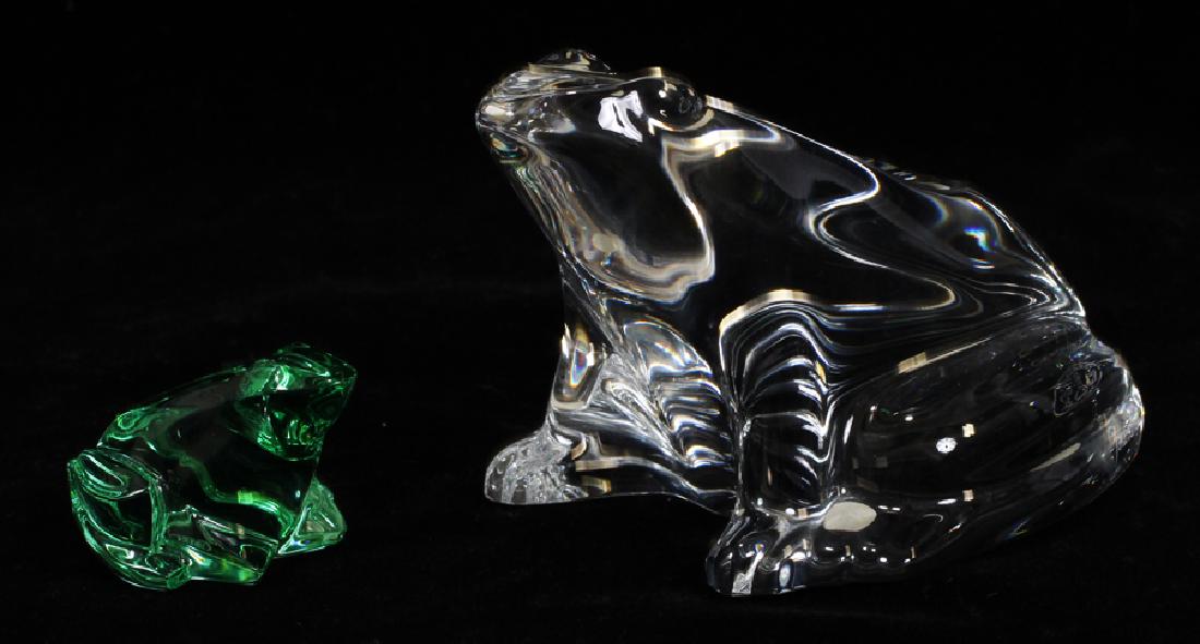 BACCARAT CRYSTAL FROGS 2 PCS. L 2", 4.5": BACCARAT CRYSTAL FROGS 2 PCS. L 2", 4.5" :Miniature frog H 3" L 4 1/2". Green frog 2". Green frog with box. From a Preston Place Grosse Pointe Farms collection.