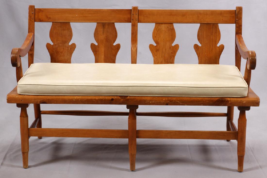 LEOPOLD STICKLEY EARLY AMERICAN PINE SETTLE BENCH: LEOPOLD STICKLEY EARLY AMERICAN PINE SETTLE BENCH H 32" L 52" D 23" :Leopold Stickley pine settle. Having four truncated Queen Anne shaped splats. With turned legs adjoined by a frame. An antique repr
