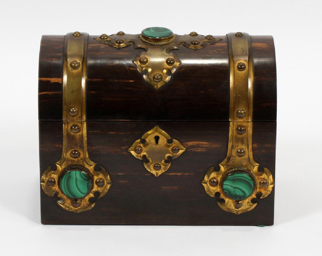 ANTIQUE MALACHITE & WOOD BOX: ANTIQUE MALACHITE & WOOD BOX, H 6.5", W 8.5", D 4.75":An antique wood box featuring malachite and brass hardware. This piece offers seven small compartments of varying sizes and an engraved brass plat