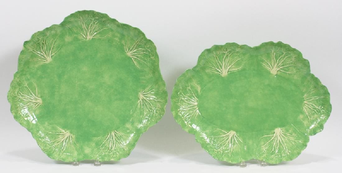 DODIE THAYER, GREEN POTTERY CHARGERS, TWO L 16": DODIE THAYER, GREEN POTTERY CHARGERS, TWO L 16" :Palm Beach. Green with tree border. One round 16". One rectangular 13" x 16". Two pieces.