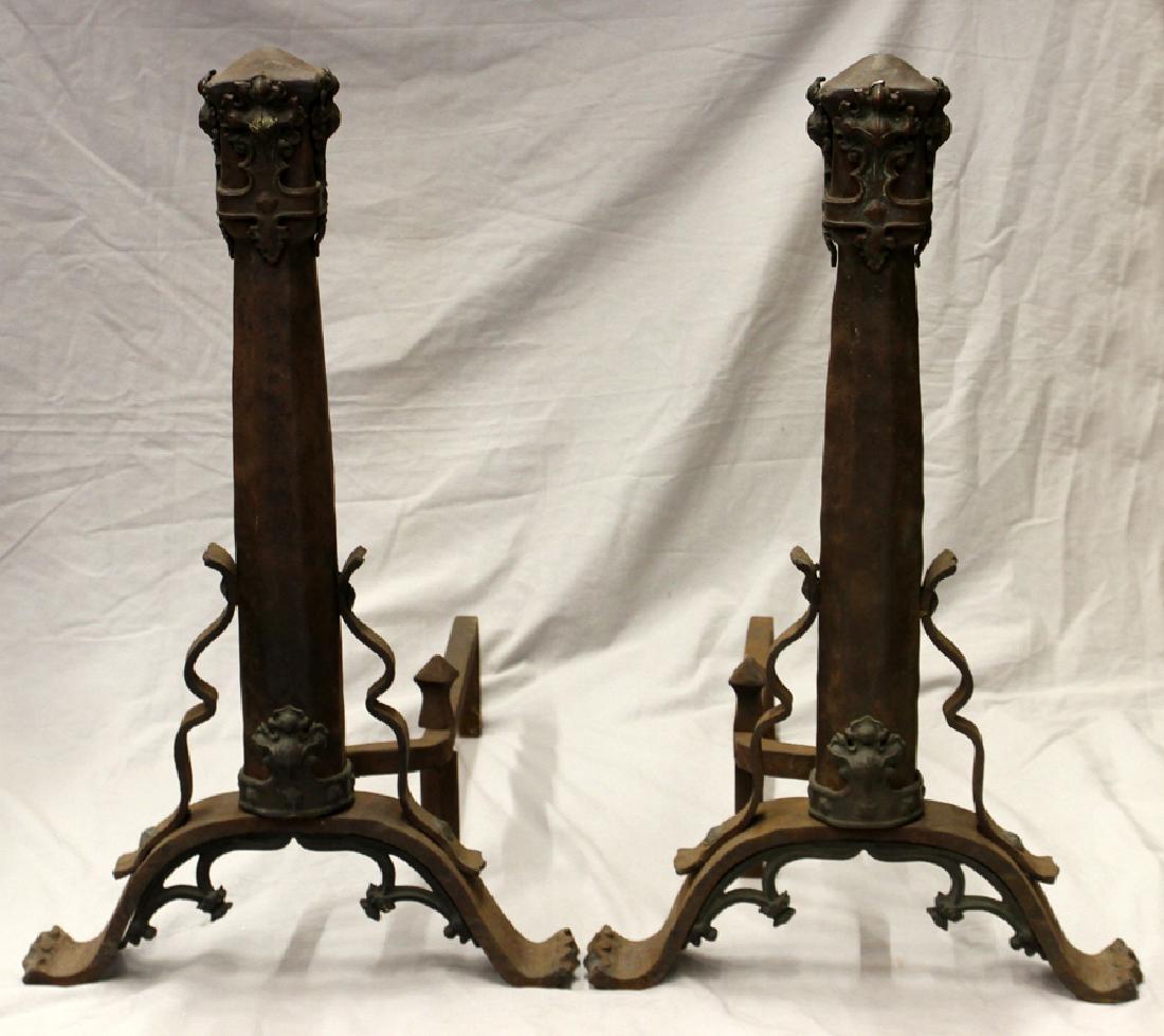 ARTS AND CRAFTS CAST IRON ANDIRONS, C.1900: ARTS AND CRAFTS CAST IRON ANDIRONS, C.1900, PAIR H 26" :Rustic, hand wrought. From the collection of Alfred Glancy, Grosse Pointe Farms.