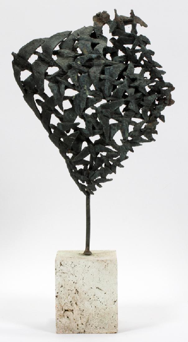 ABSTRACT IRON SCULPTURE BIRDS IN TREE: ABSTRACT IRON SCULPTURE H 16" - 20" BIRDS IN TREE :Stone base. Motif of birds in bush. From a Preston Place mansion, Grosse Pointe Farms.