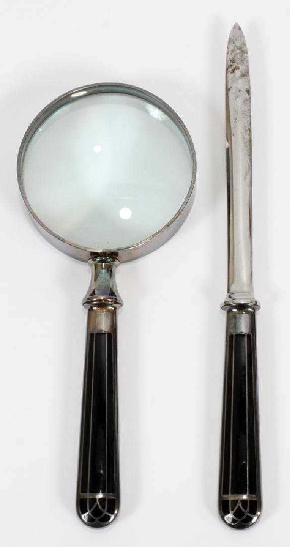 CHRISTOFLE STERLING OPENER & MAGNIFYING GLASS: CHRISTOFLE STERLING AND ENAMEL LETTER OPENER AND MAGNIFYING GLASS L OPENER, 8.25", GLASS 7" DIA GLASS, 2.75" :Art Deco influence Christofle France black enamel and sterling letter opener and magnifyin