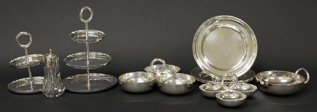 CHRISTOFLE 'VERTIGO' & SILVER PLATE TABLE ARTICLES: CHRISTOFLE 'VERTIGO' & SILVER PLATE TABLE ARTICLES, 9 PCS, H 3-7", DIA 5.5-9":A grouping of Christofle 'Vertigo' silver plate items and other silver plate articles. The Christofle table articles inclu