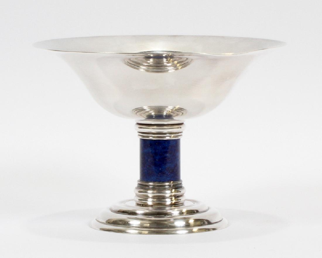 JEAN EMILE PUIFORCAT SILVER PLATE & ENAMEL TAZZA: JEAN EMILE PUIFORCAT (FRANCE, 1897-1945) ART DECO SILVER PLATE AND ENAMEL TAZZA H 5" DIA 7.5" :Art Deco silver plated tazza by Jean Emile Puiforcat. Having an enamel columnar support in imitation of l