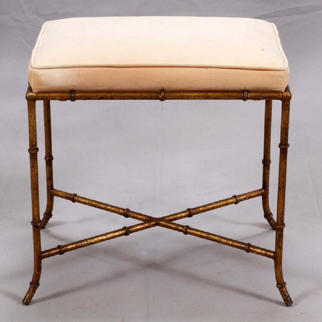 CONTEMPORARY STOOL, H 18.5", W 18", D 12": CONTEMPORARY STOOL, H 18.5", W 18", D 12":A contemporary stool. This piece features a peach tone velvet upholstering with a gilded metal frame. Unbranded and unmarked to the underside.
