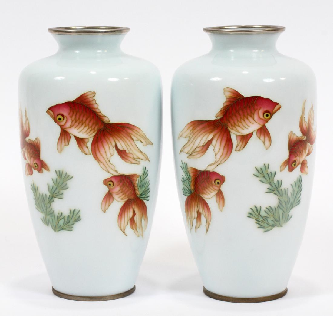 JAPANESE, CLOISONNE VASES, PAIR, H 7", DIA 4": JAPANESE, CLOISONNE VASES, PAIR, H 7", DIA 4" :White ground with koi fish design. Silver rim.