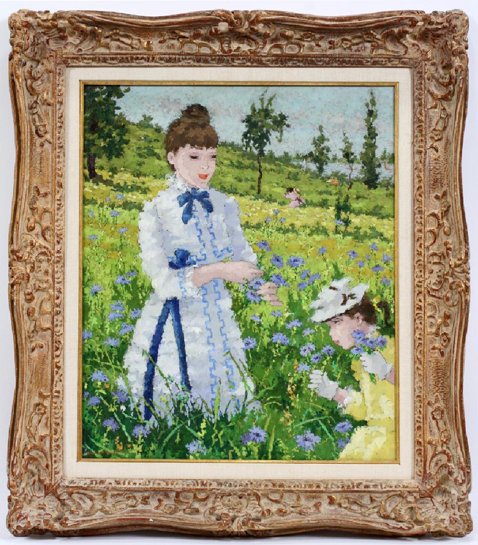 SUZANNE EISENDIECK OIL ON CANVAS: SUZANNE EISENDIECK (FRENCH, 1908â€“1998) OIL ON CANVAS, H 26", W 21 1/2", "CHAMP DE BLEUET" :Titled on verso. Signed lower left. Two women picking flowers. Antiqued frame.